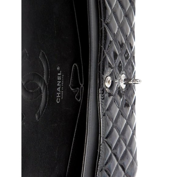 Chanel Black Quilted Patent Leather Chain Link Medium Double Designer Handbag - Picture 8 of 14